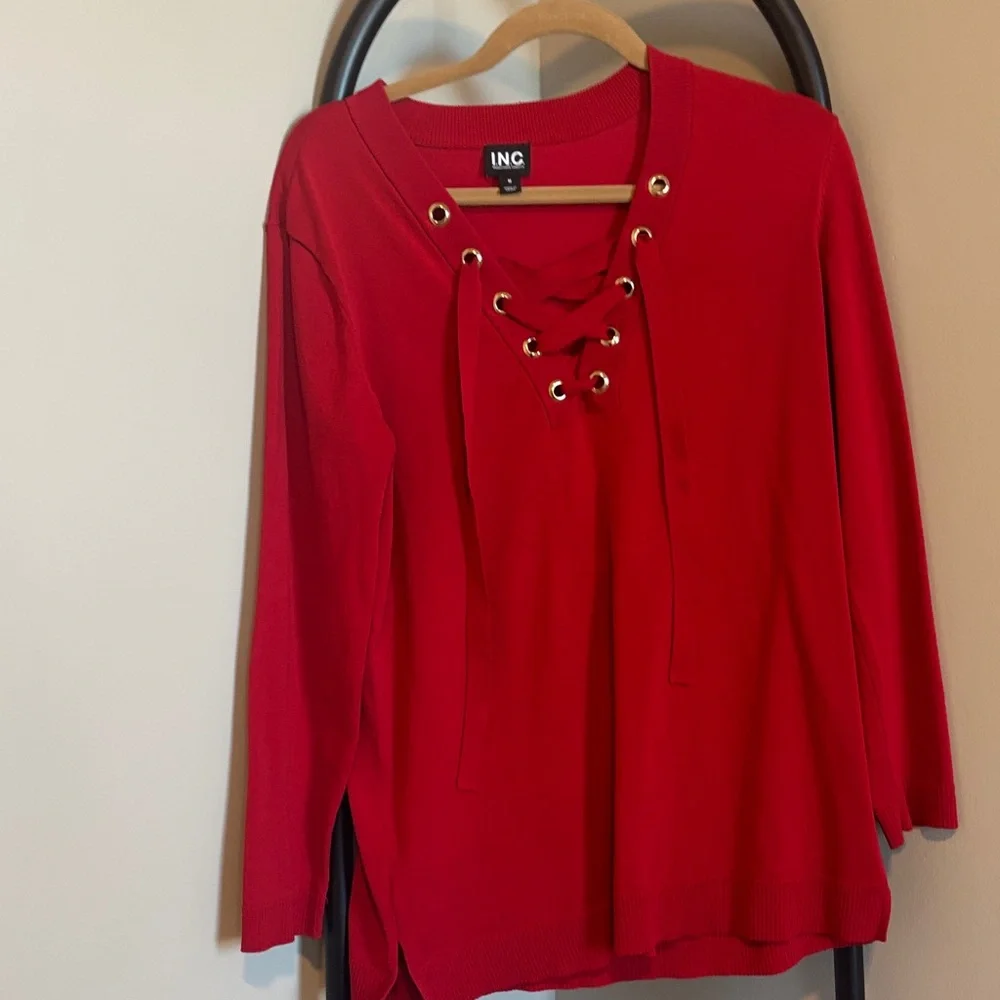 INC International concepts knit tunic Vibrant Red Lace-Up Top - Picture 2 of 5